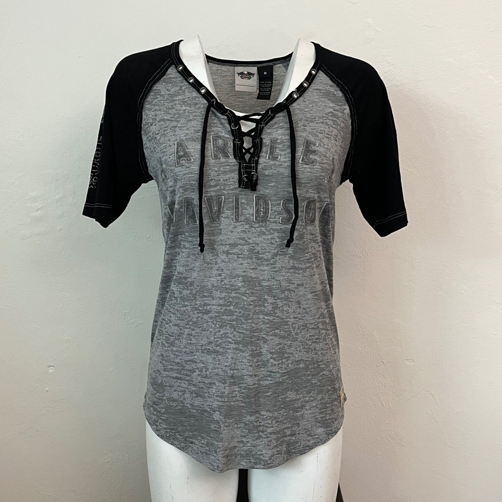 Harley-Davidson Womens Gray Burnout Lace Up Eagle Graphic Raglan Top Medium